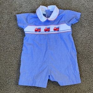 Petit Bébé Firetruck Smocked Shortall